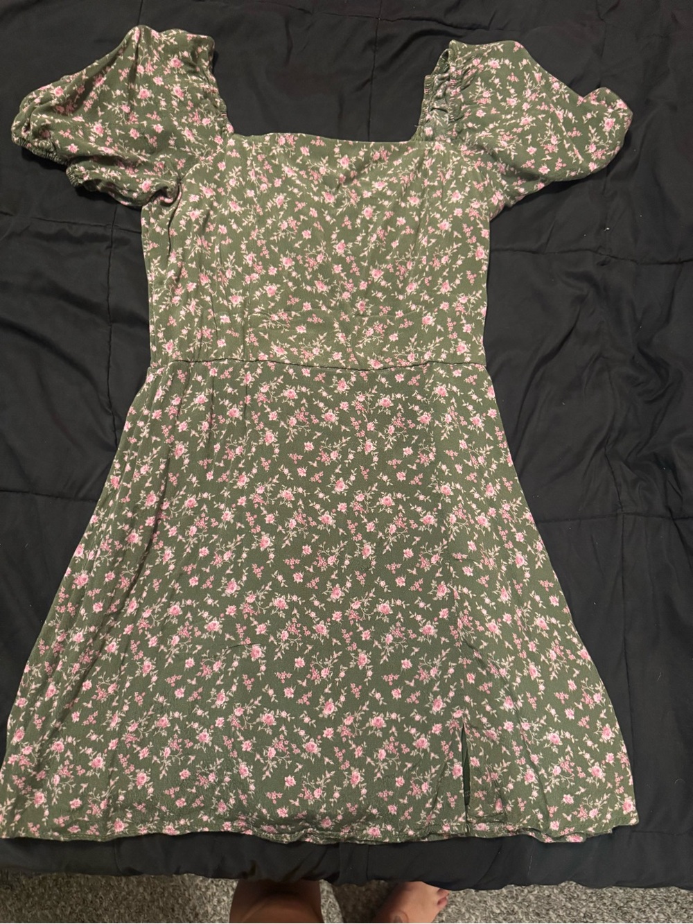 Floral Square-Neck Puff Sleeve Dress - Olive Green & Pink
